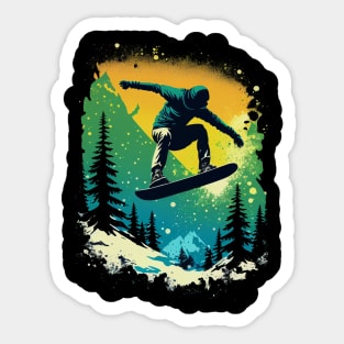 Snowboarder Catching Air with Mountains Trees Snowboarding Sticker